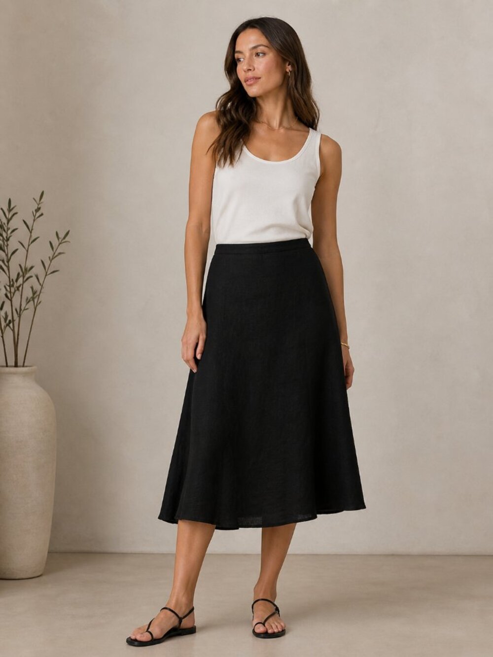 Kate Hill Black 100% Linen A-Line Skirt Flare Classic Minimalist Summer 12